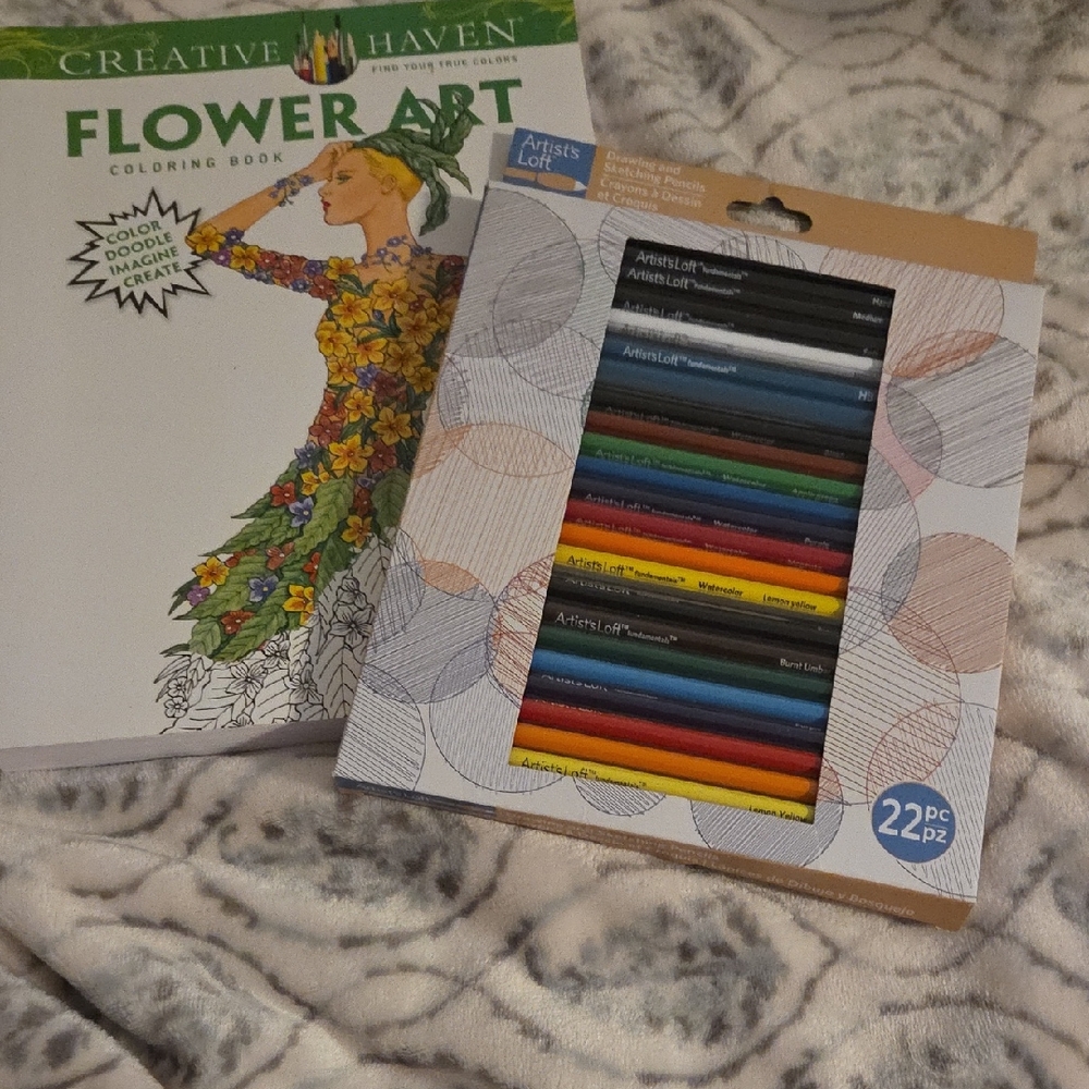 Flower Art Coloring Book & Artist's Loft Colored Pencils Set - NWT